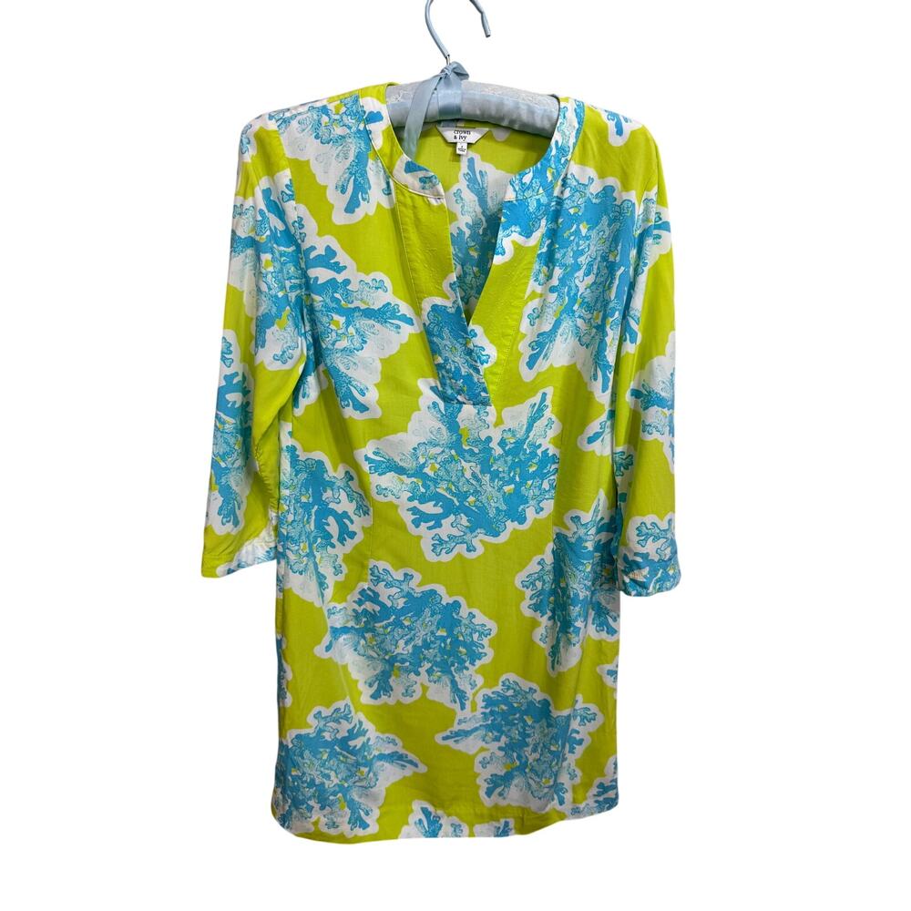 Crown & Ivy tunic green blue white floral 3/4 sleeve open neck cover up Sz 2 / S